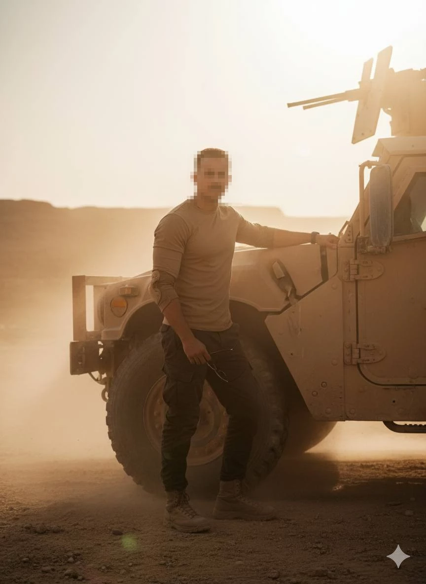 Man standing beside military vehicle in desert during sunset dust scene