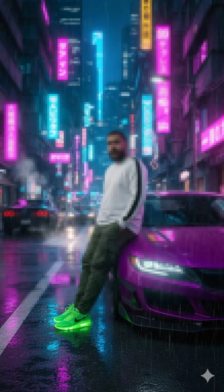 Man Standing by Purple Sports Car in Neon Rainy City Street at Night