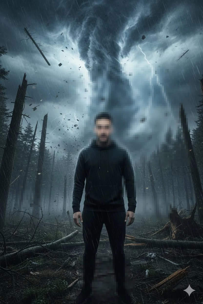 Man Standing in a Stormy Forest with a Tornado and Lightning Behind Him