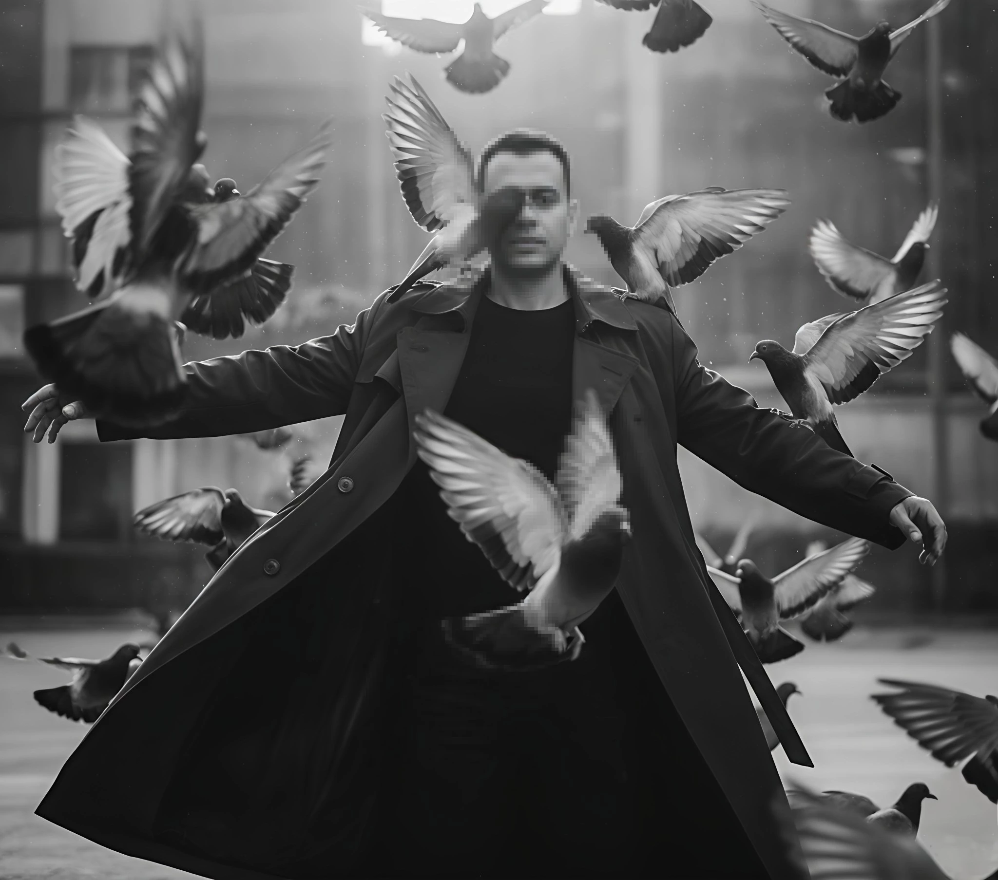 Man standing in black coat surrounded by flying pigeons in dramatic scene