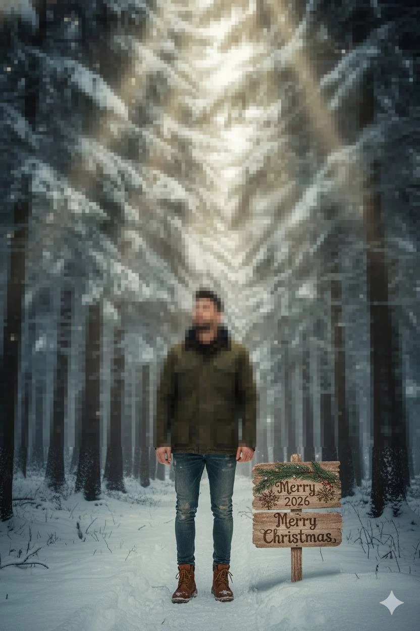 Man Standing in Snowy Forest Path with Merry 2026 Christmas Sign