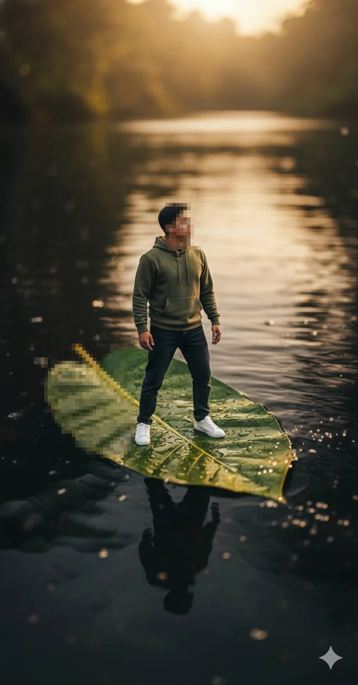 Man Standing on a Giant Leaf Floating Peacefully on Water at Sunset