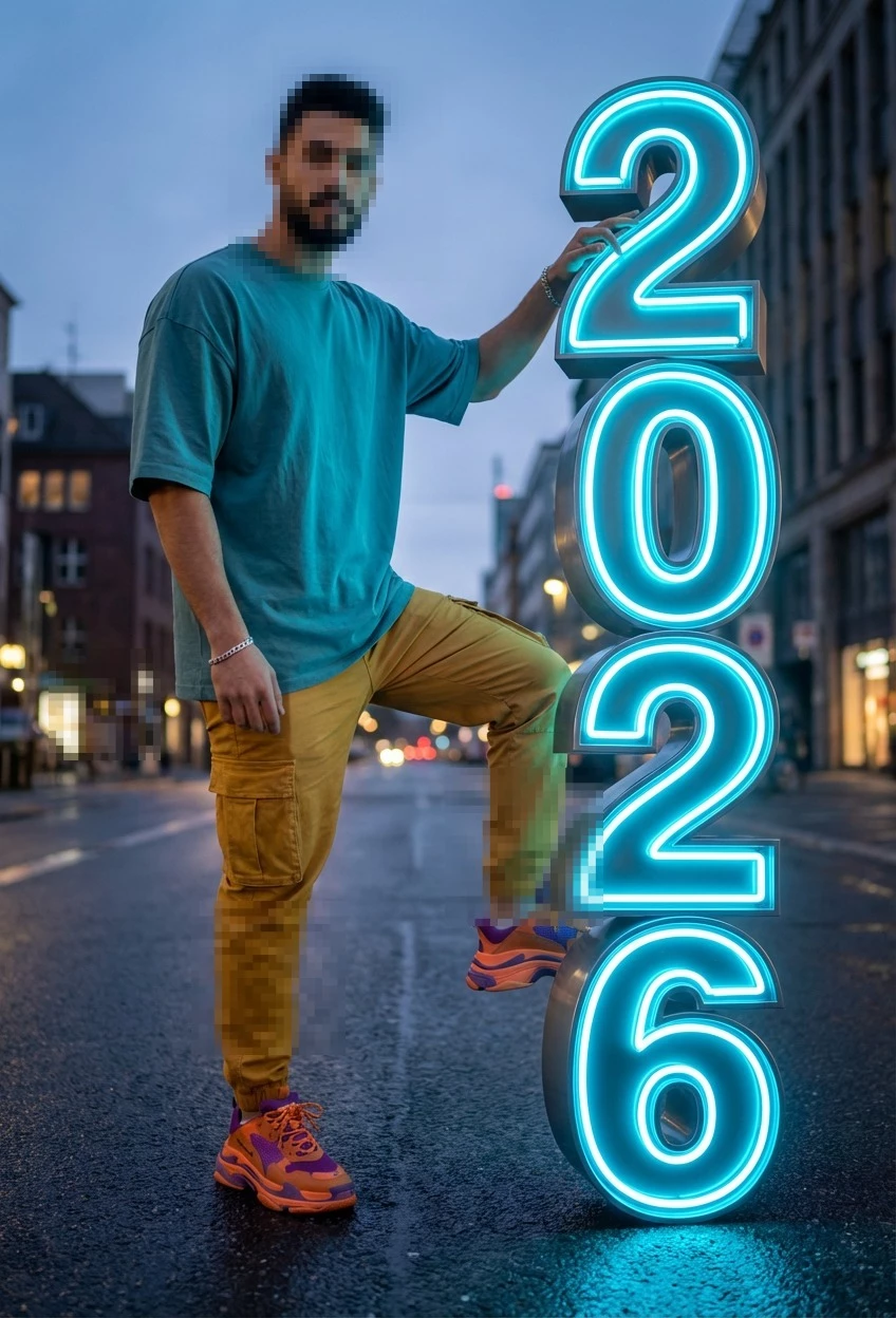 Man Standing on a Neon 2026 Sign in a Futuristic City Street at Dusk