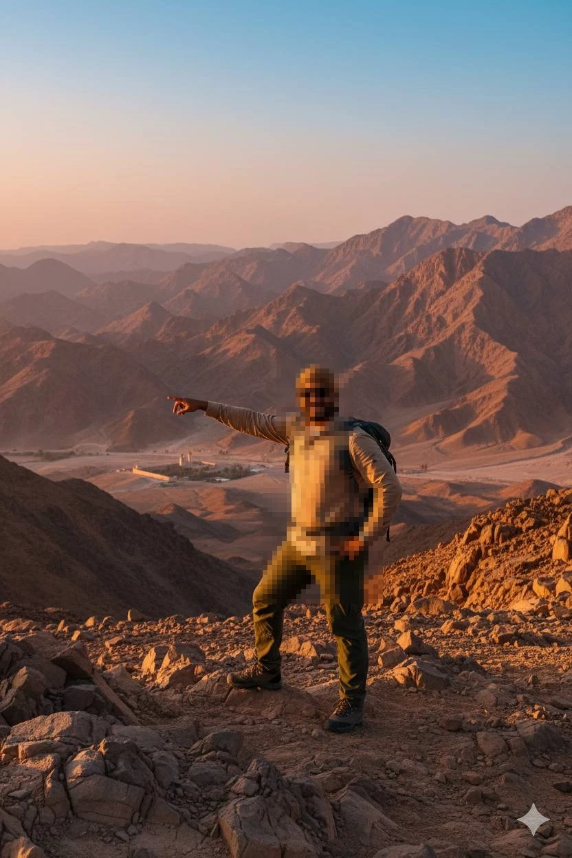Man standing on rocky mountain peak at sunrise pointing towards distant valley