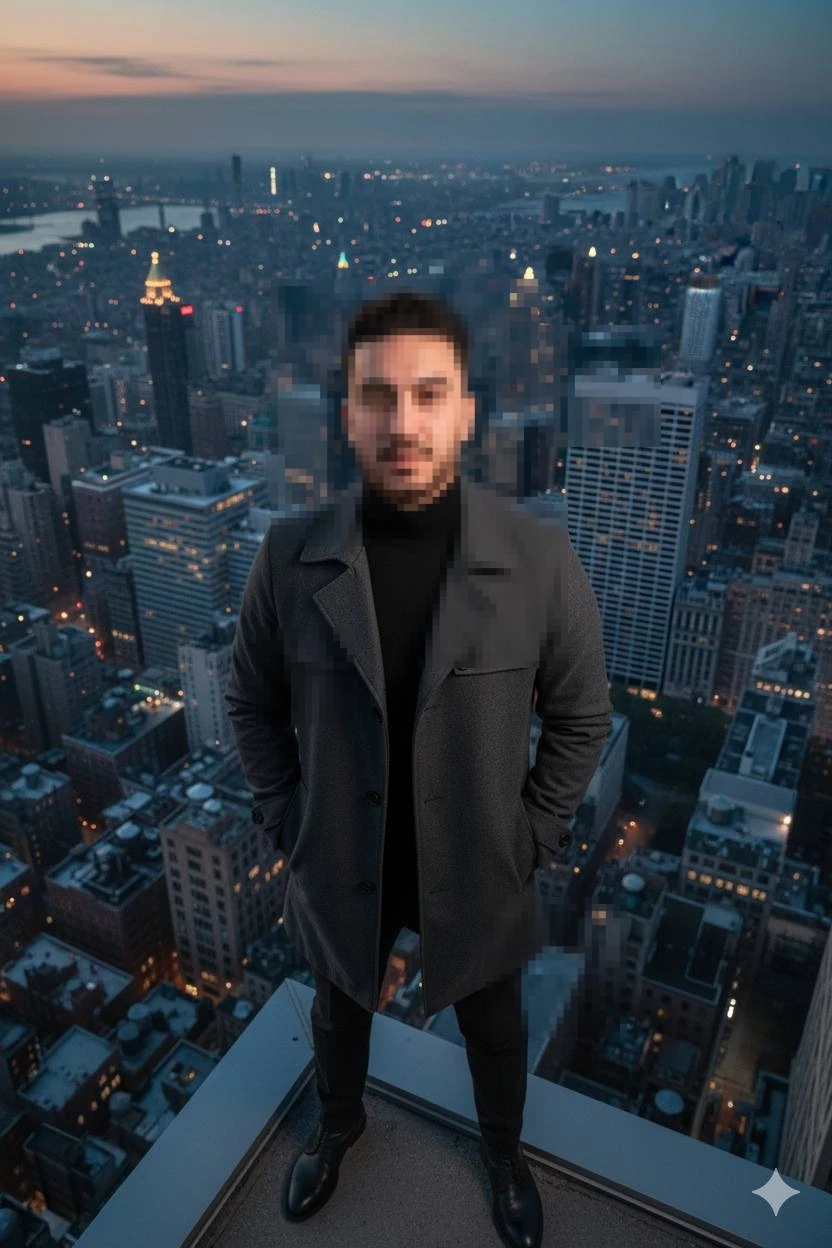 Man Standing on Skyscraper Rooftop Overlooking a City at Dusk