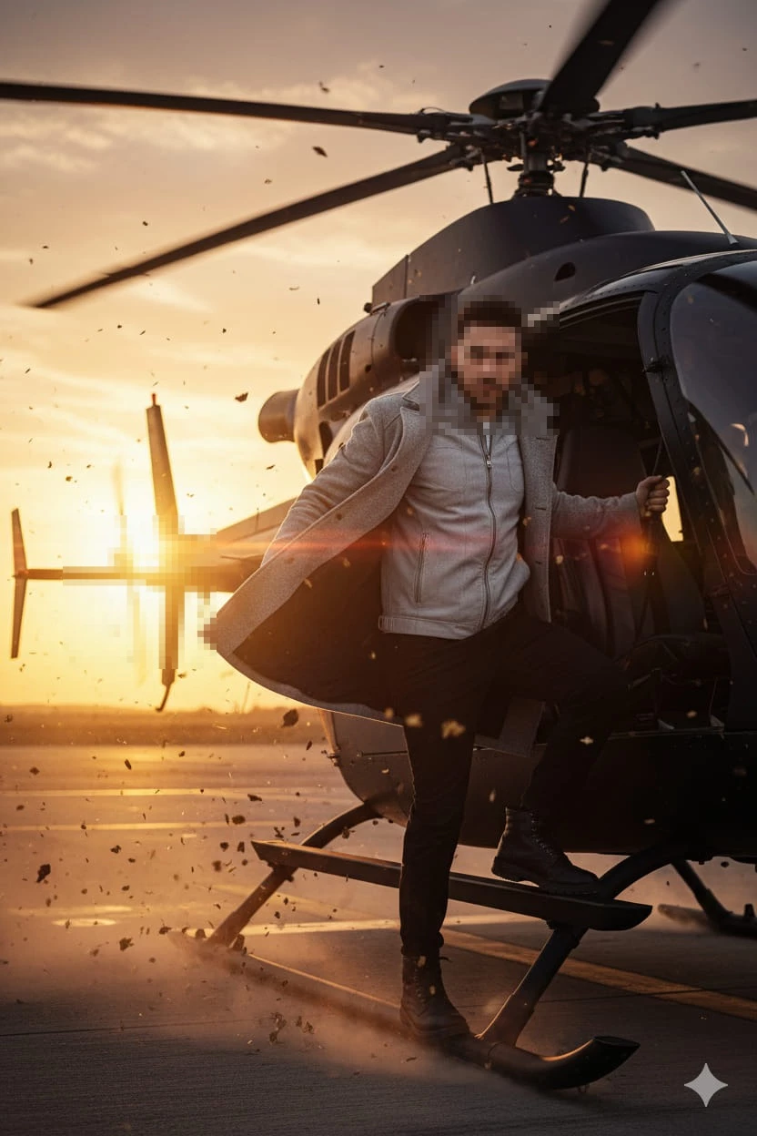 Man stepping out of helicopter at sunset in cinematic action scene