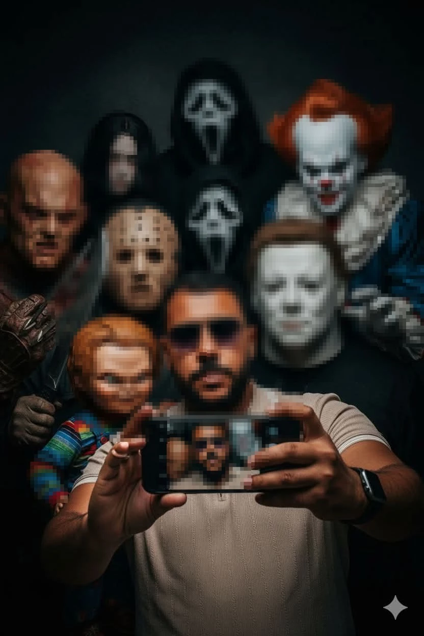 Man taking selfie surrounded by iconic horror movie characters in dark setting