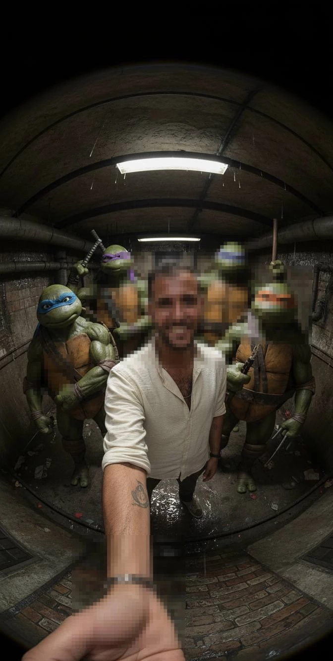 Man Taking Selfie with Teenage Mutant Ninja Turtles in Underground Tunnel
