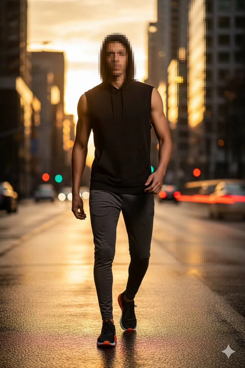 Man Walking Confidently in City Street at Sunset Wearing Black Hoodie