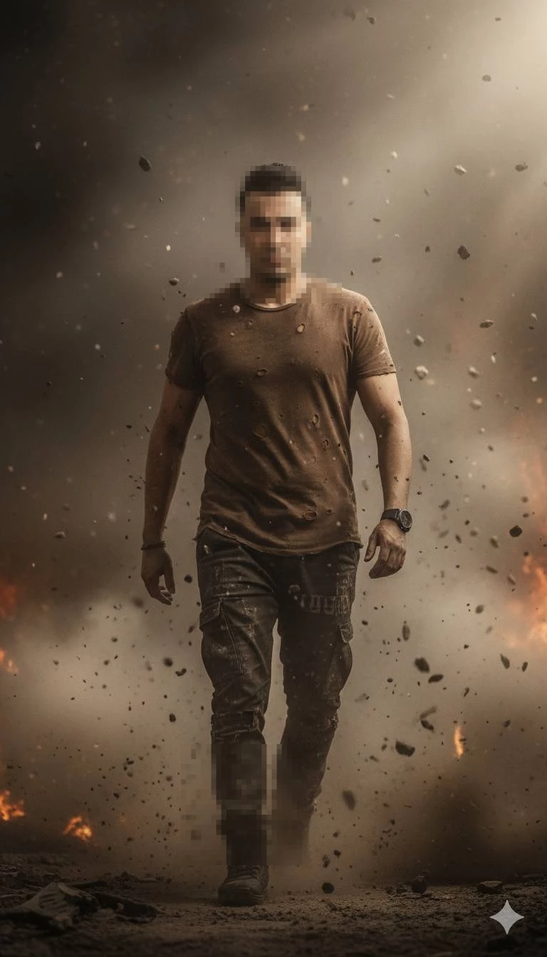 Man Walking Confidently Through Explosion in Cinematic Action Scene