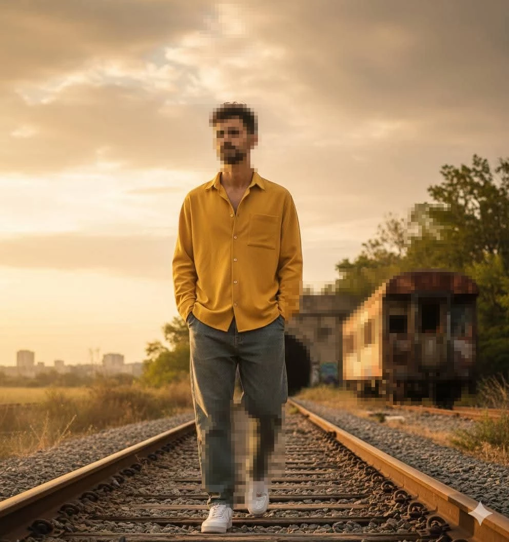 Man walking on railway tracks at sunset with abandoned train and tunnel in the background