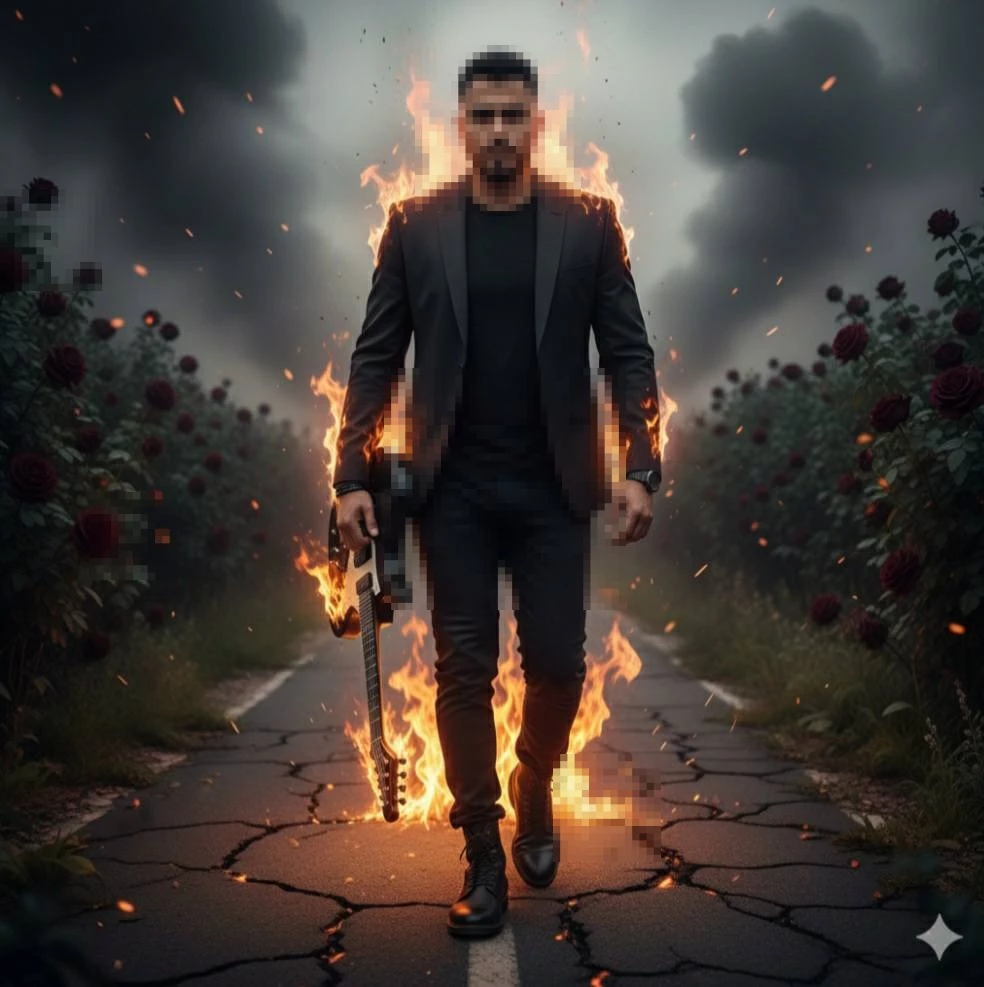Man Walking Through Fire Holding Guitar on a Smoky Road with Red Roses