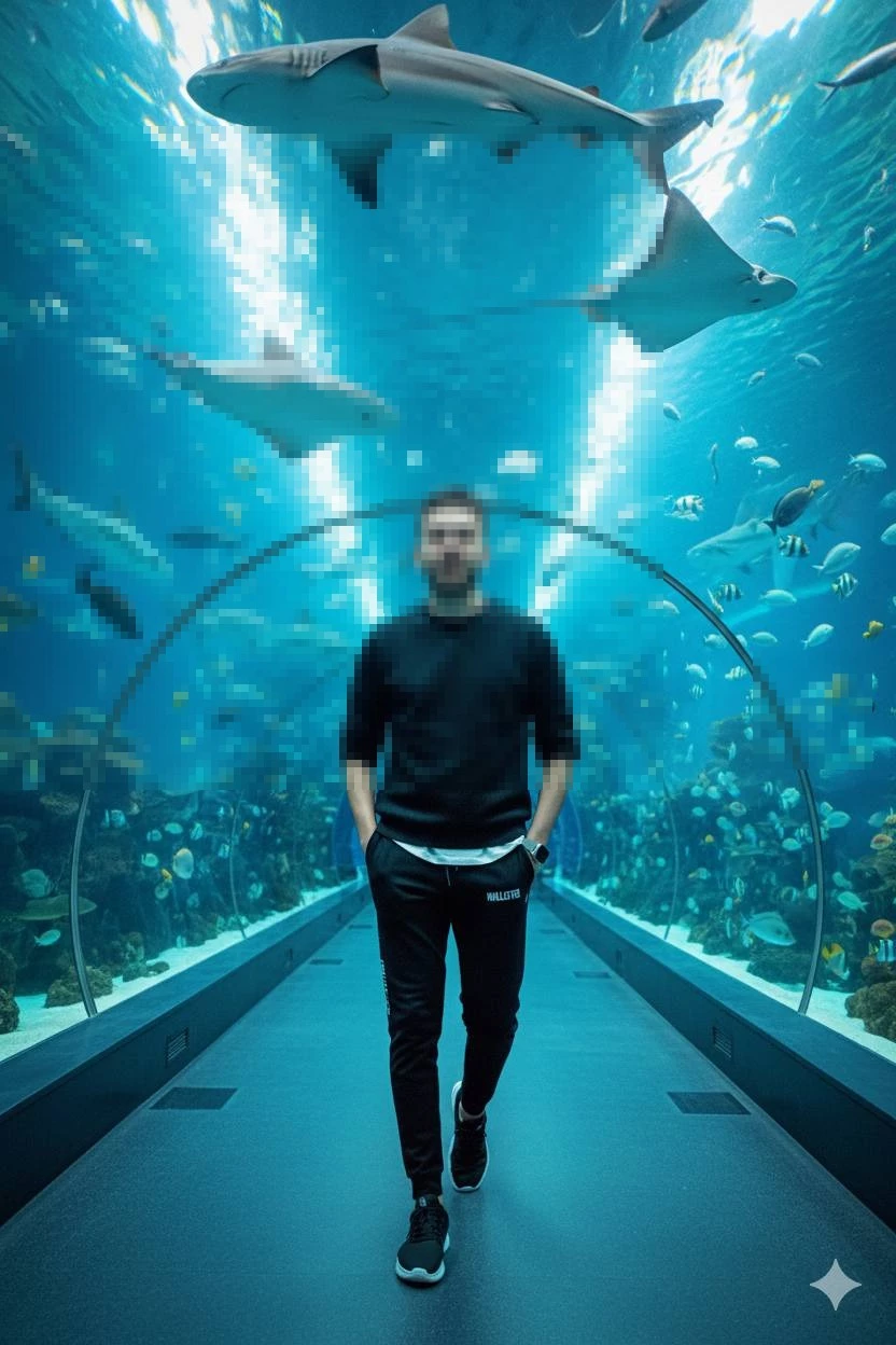 Man walking through underwater tunnel surrounded by sharks and tropical fish