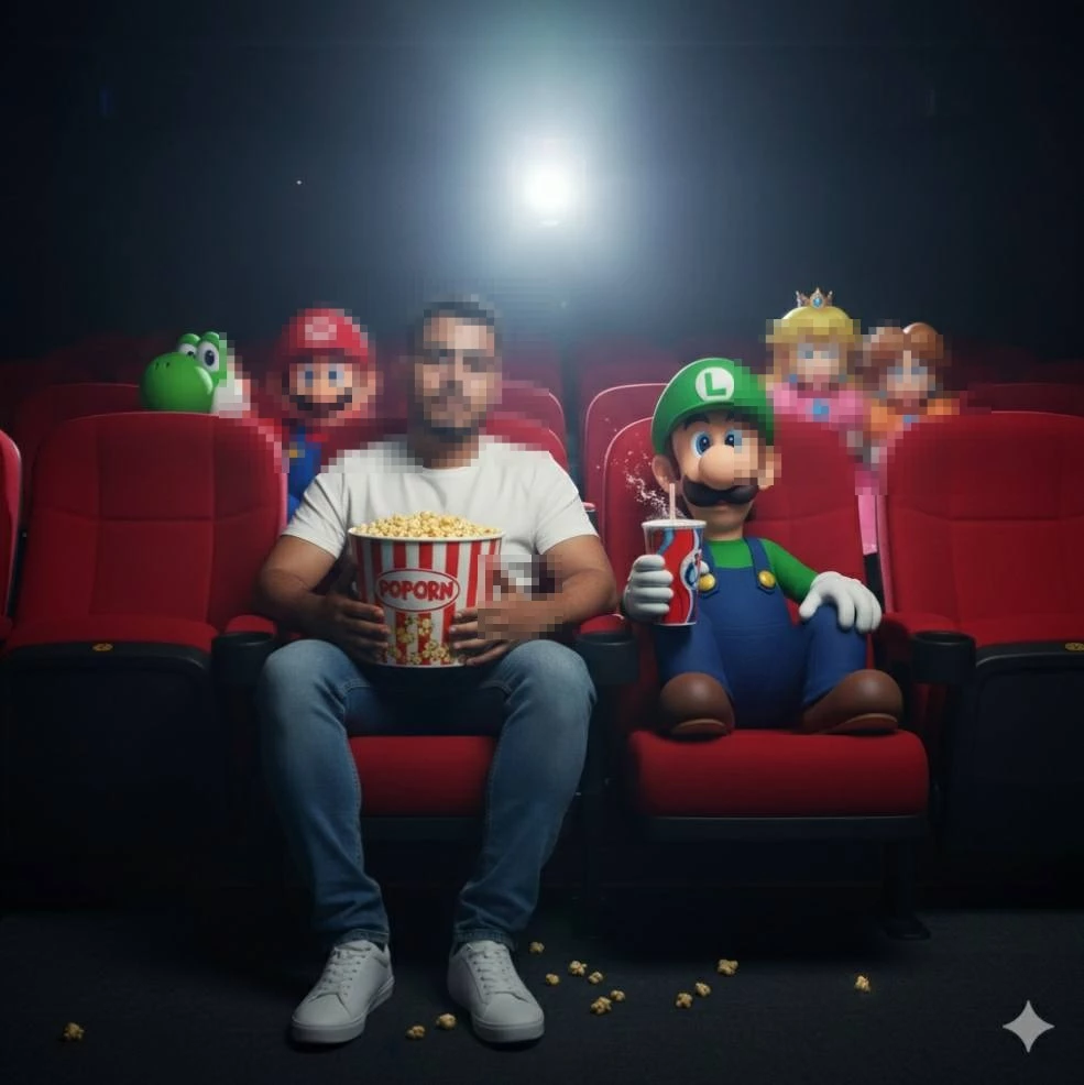 Man Watching Movie with Mario Characters in Cinema Holding Popcorn