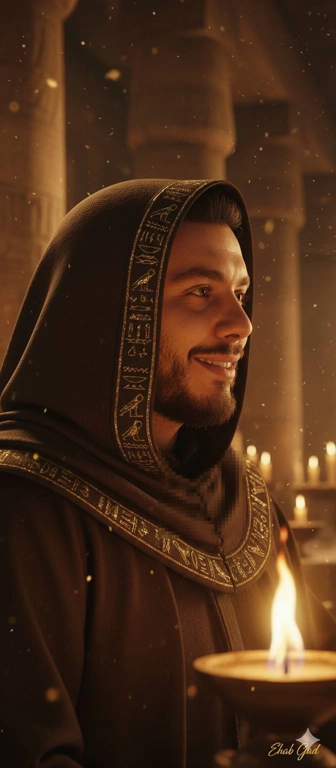 Man wearing ancient robe with golden hieroglyphs holding flame in dim temple