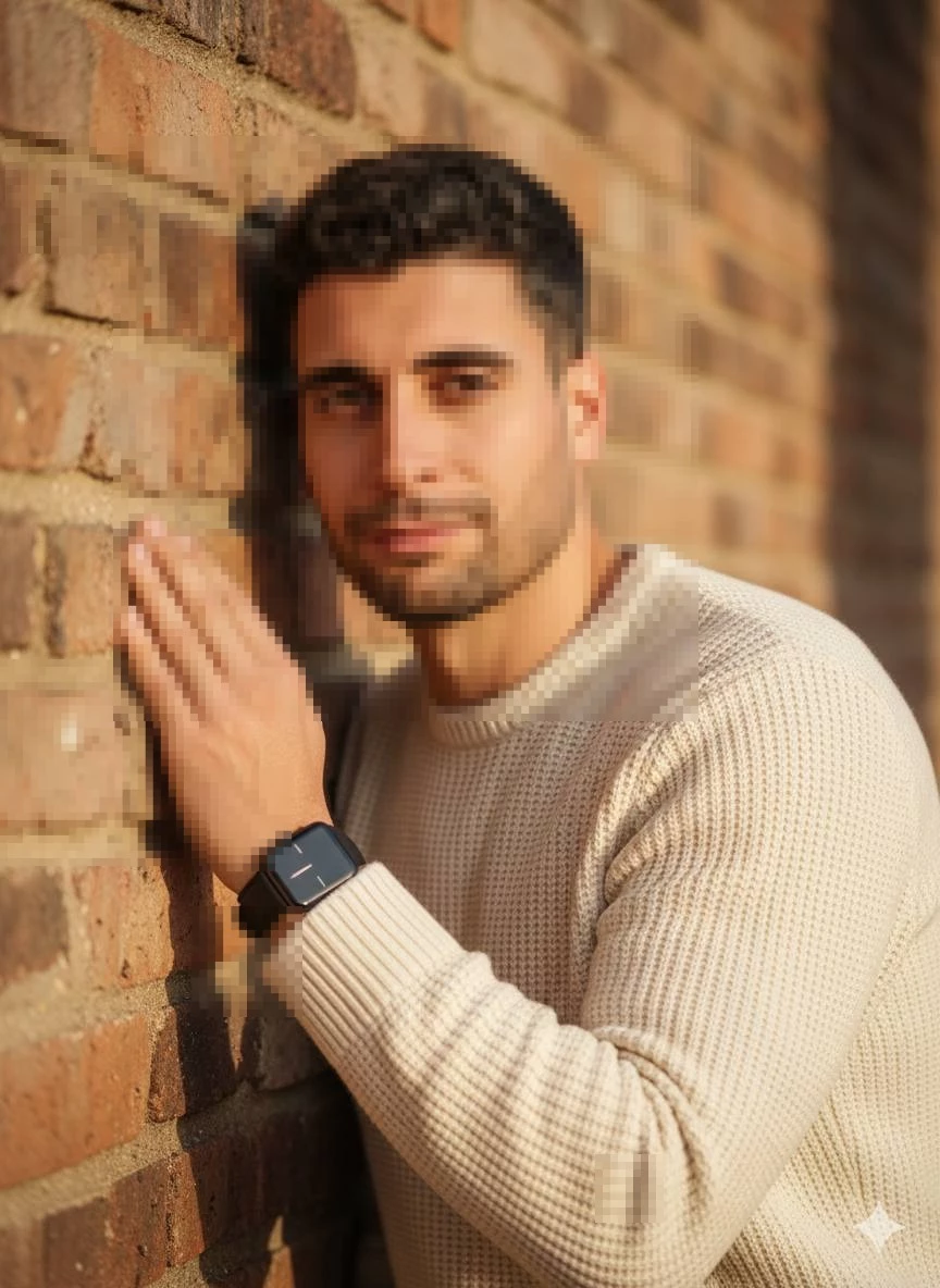 Man Wearing Cream Sweater Leaning Against Brick Wall in Warm Sunset Light
