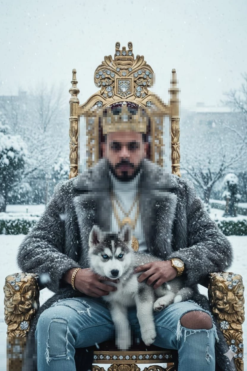 Man Wearing Crown and Fur Coat Sitting on Golden Throne with Husky Puppy in Snow