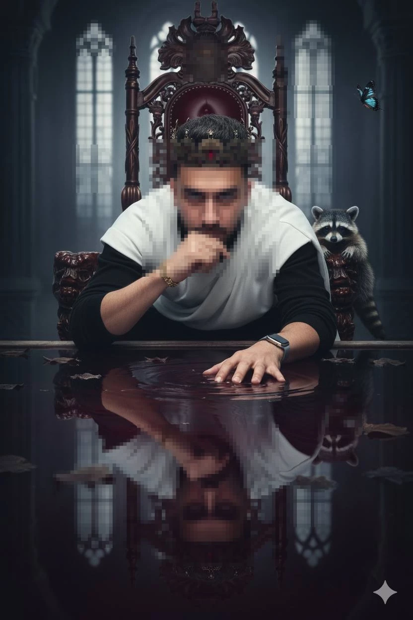 Man Wearing Crown Sitting on Throne with Reflection in Dark Royal Hall