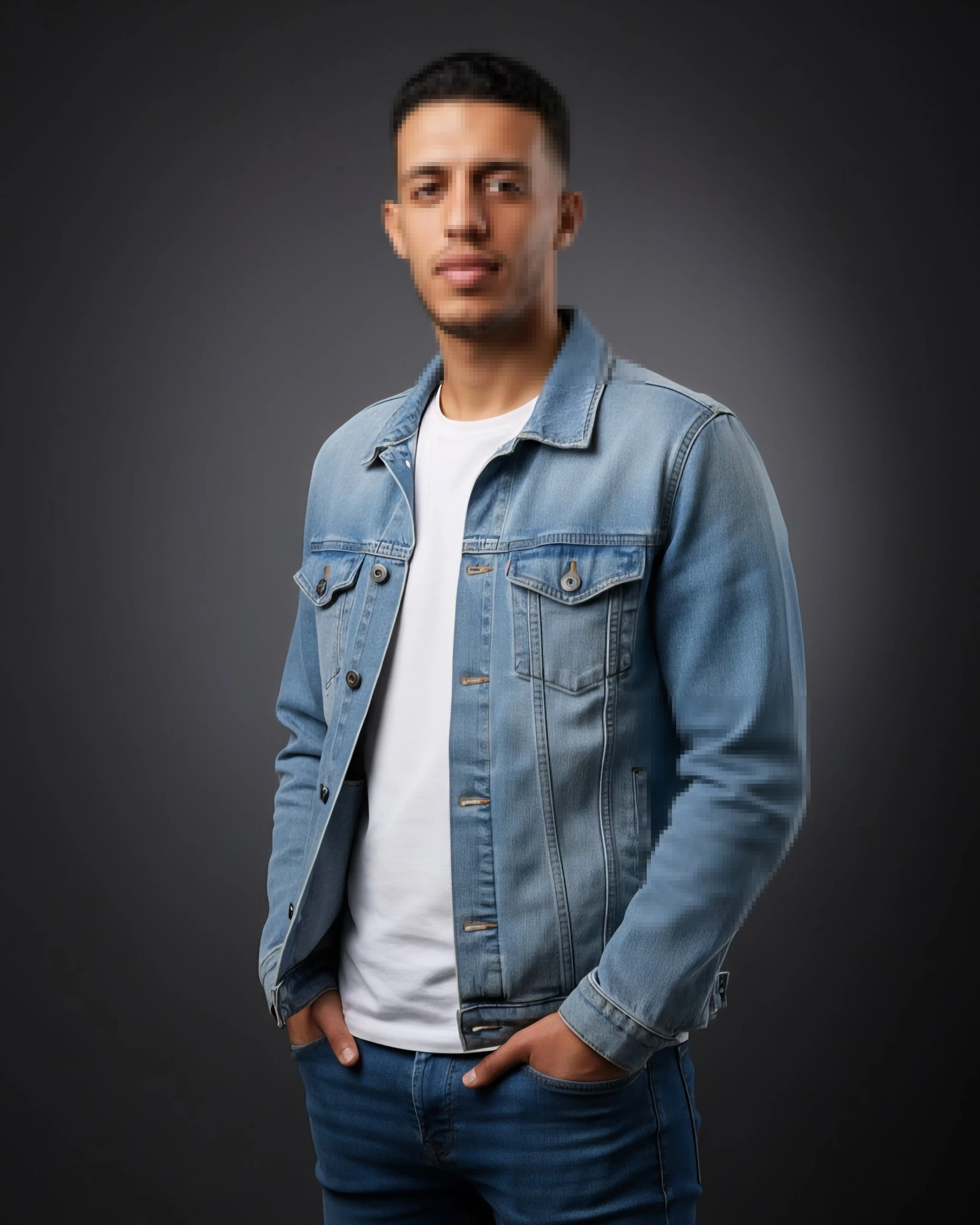 Man Wearing Denim Jacket and White T-Shirt Posing in Studio Portrait