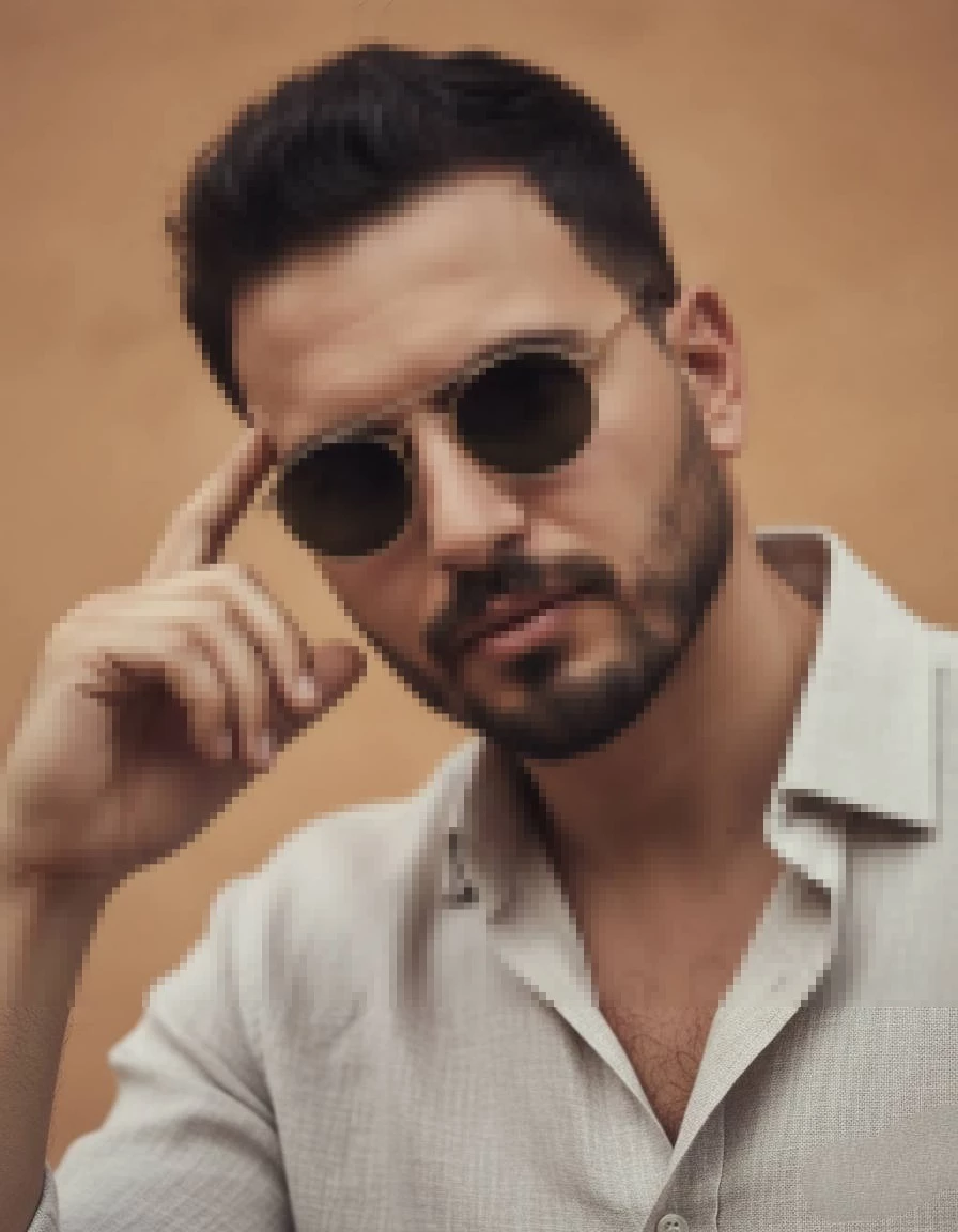 Man wearing light cream shirt and round sunglasses posing confidently outdoors