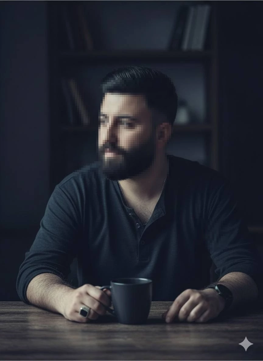 Man with beard holding a coffee mug in a dimly lit cozy room