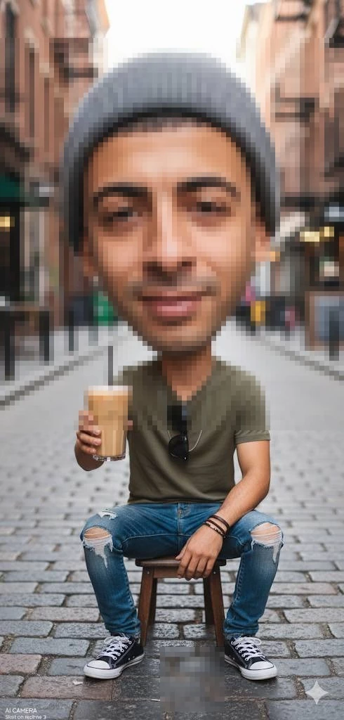 Man with Big Head Drinking Iced Coffee on a City Street