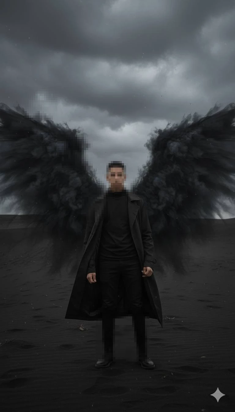 Man with Black Smoke Wings Standing on Dark Desert Under Stormy Sky