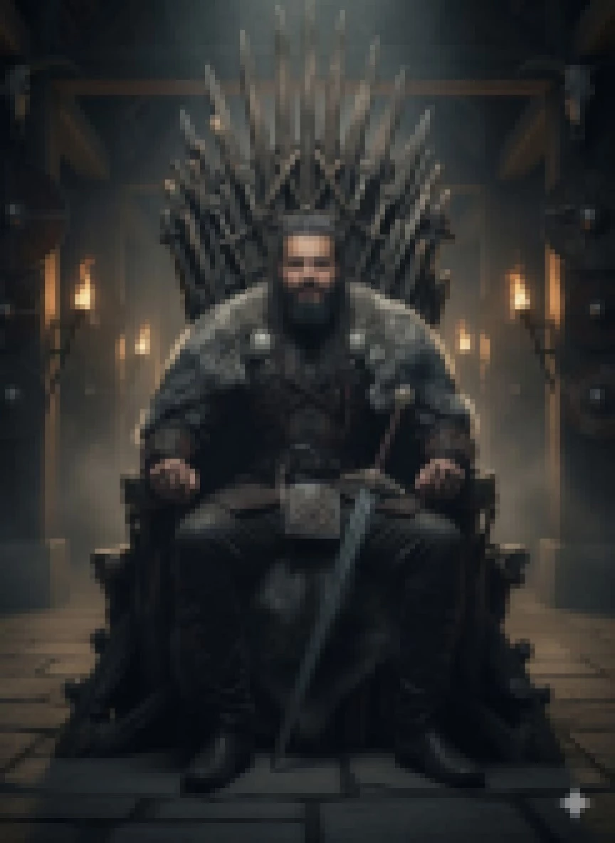 Medieval Warrior King Sitting on Sword Throne with Fur Cloak and Sword in Hand
