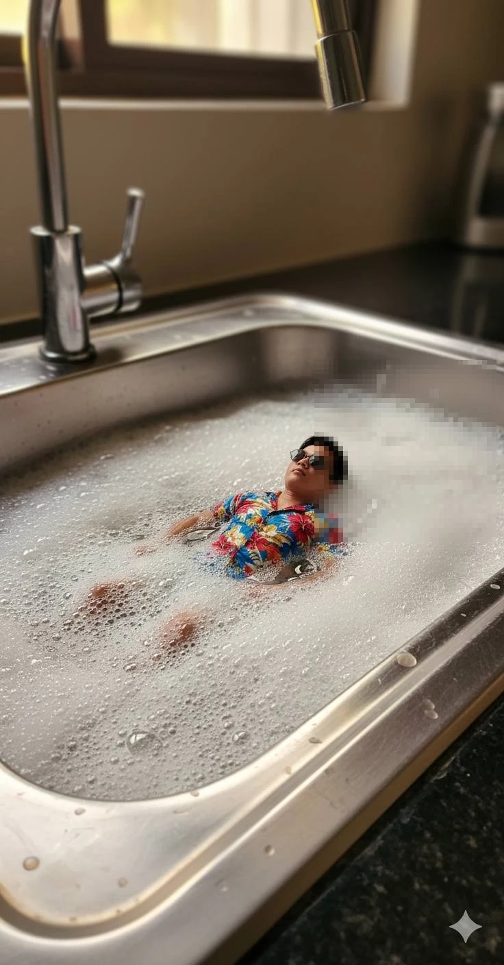 Miniature Man Relaxing in a Sink Full of Bubbles Wearing Sunglasses