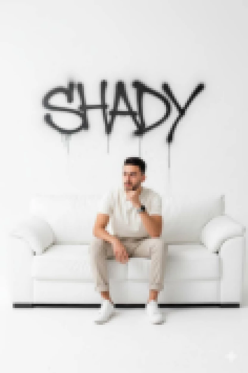 Minimalist Portrait of a Man in a White Studio with Bold SHADY Graffiti