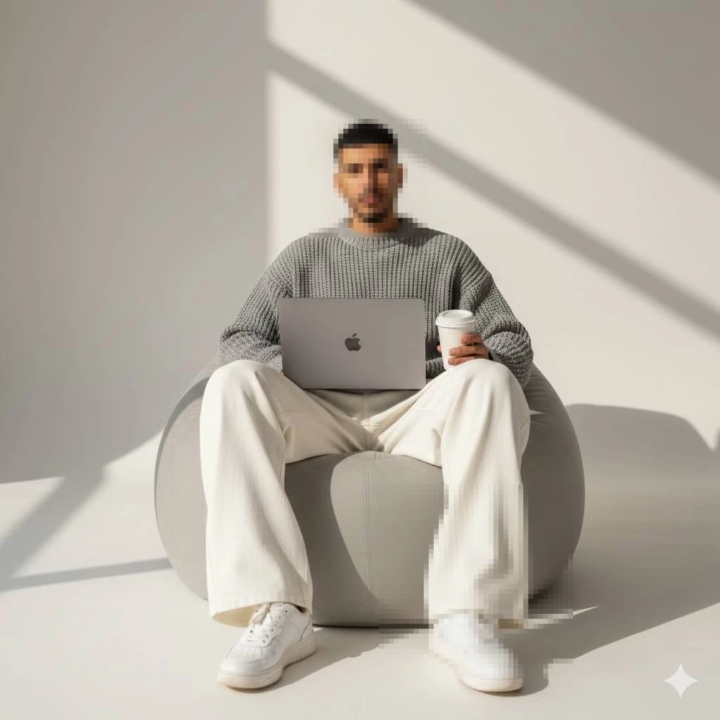 Minimalist Workspace Portrait of a Man Working on a Laptop in Natural Sunlight
