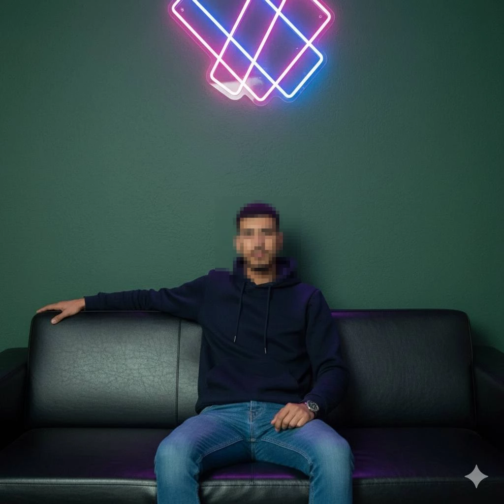 Modern Portrait of a Man Relaxing on a Couch Under Neon Lights