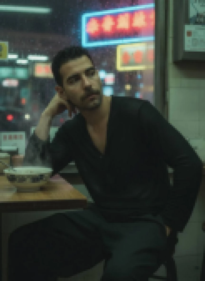 Moody Night Portrait of a Man in a Noodle Shop with Neon Reflections