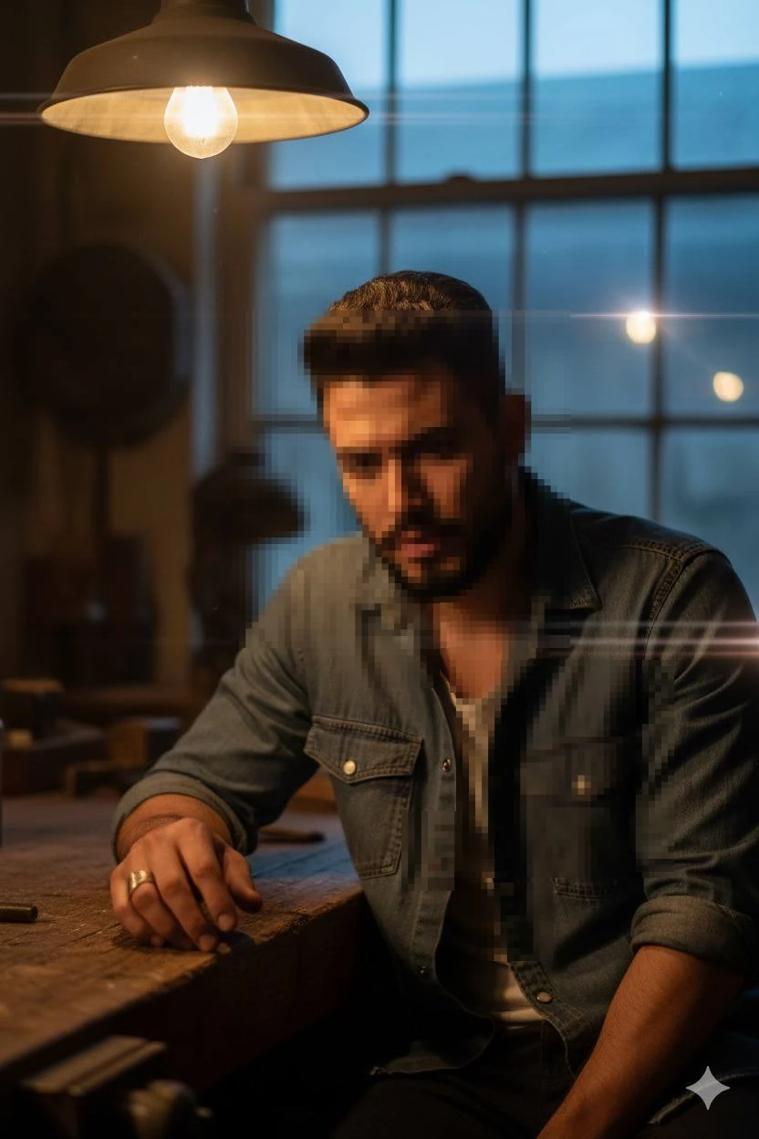 Moody portrait of a man sitting in a warm, dimly lit workshop setting