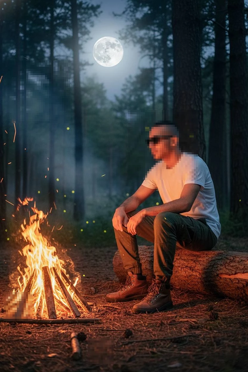 Moonlit Forest Campfire Moment with a Man Relaxing by the Flames