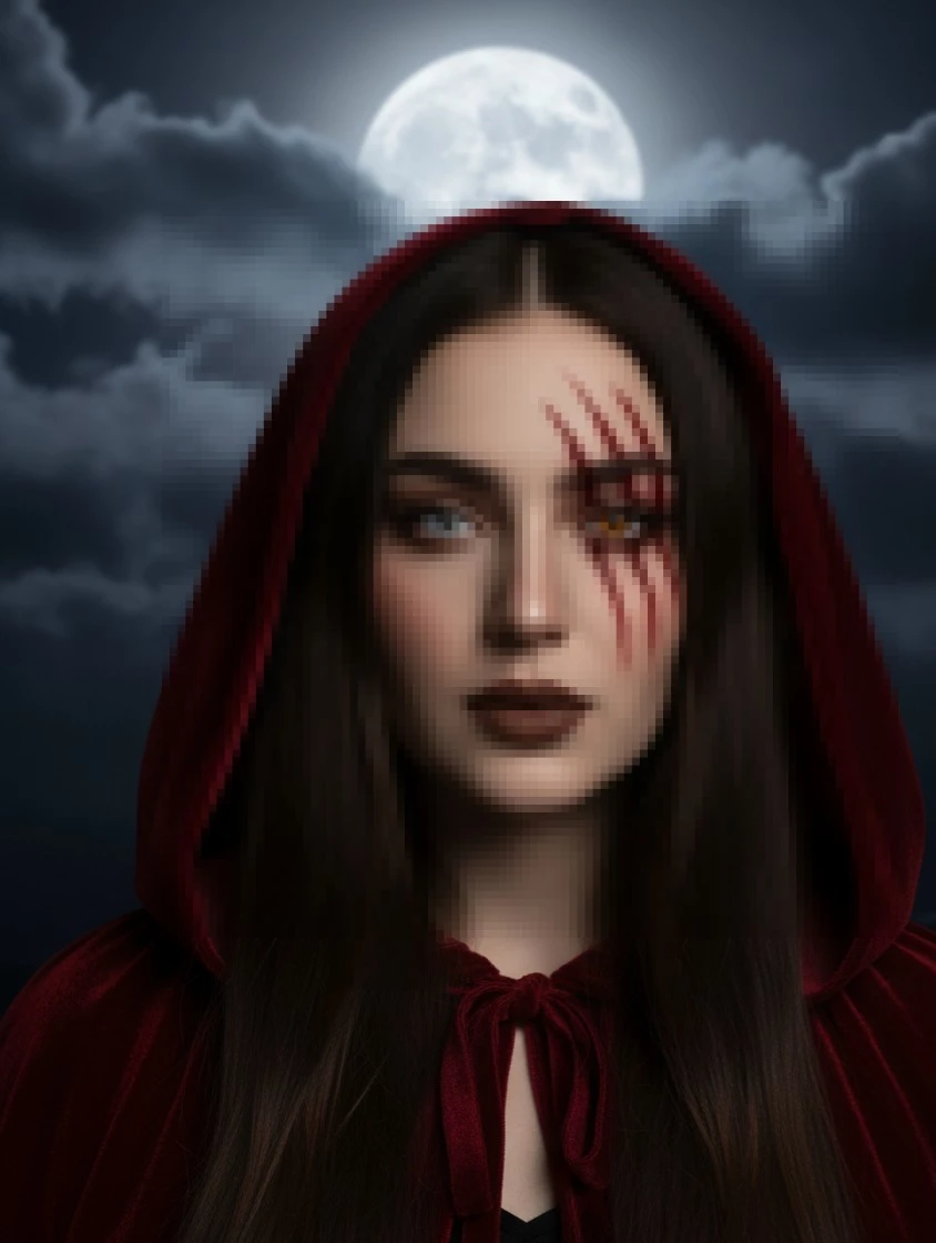 Mysterious Woman in Red Hood Under Full Moon with Heterochromatic Eyes