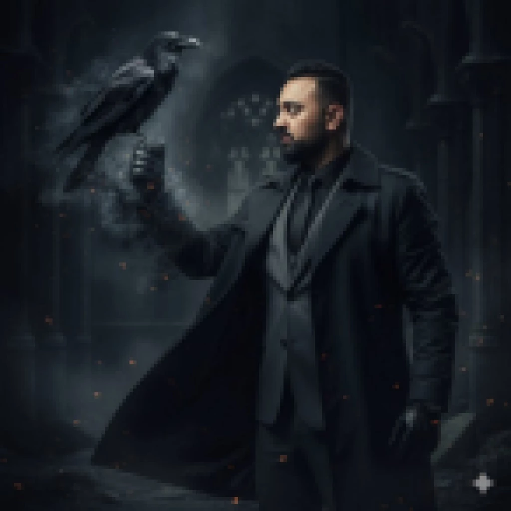 Mystic Man Holding a Raven in a Dark Gothic Fantasy Setting
