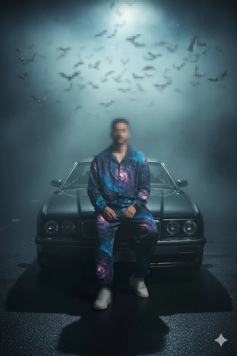 Mystical Night Portrait of a Man in Galaxy Outfit Sitting on a Classic Car