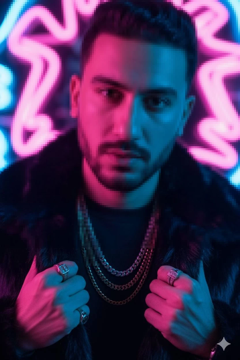 Neon-Lit Portrait of a Man in Fur Jacket and Chains in Vibrant Studio Lighting