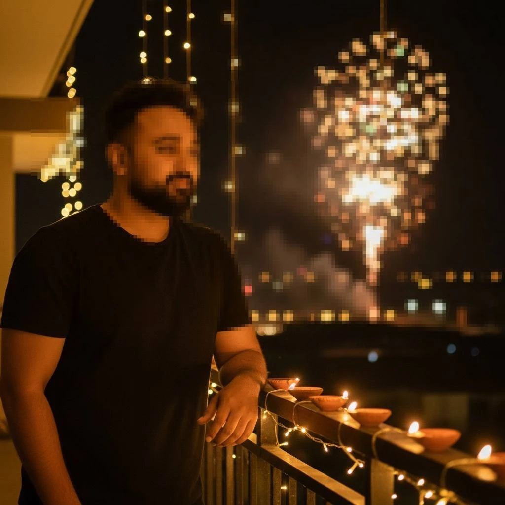 Night balcony portrait of a man with warm lights and fireworks in the background