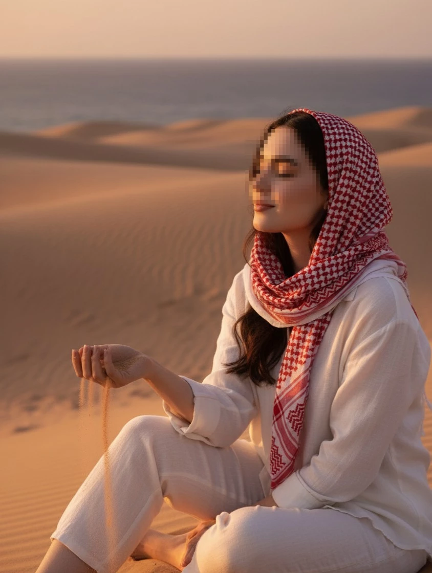 Peaceful woman in white outfit enjoying sunset on golden desert dunes