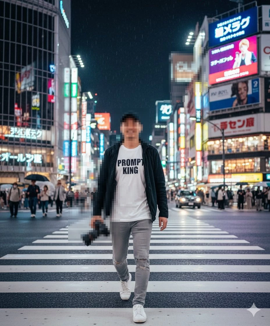 Photographer walking confidently in city street at night with camera in hand