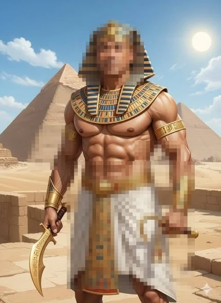 Powerful ancient Egyptian pharaoh standing before the pyramids under desert sun