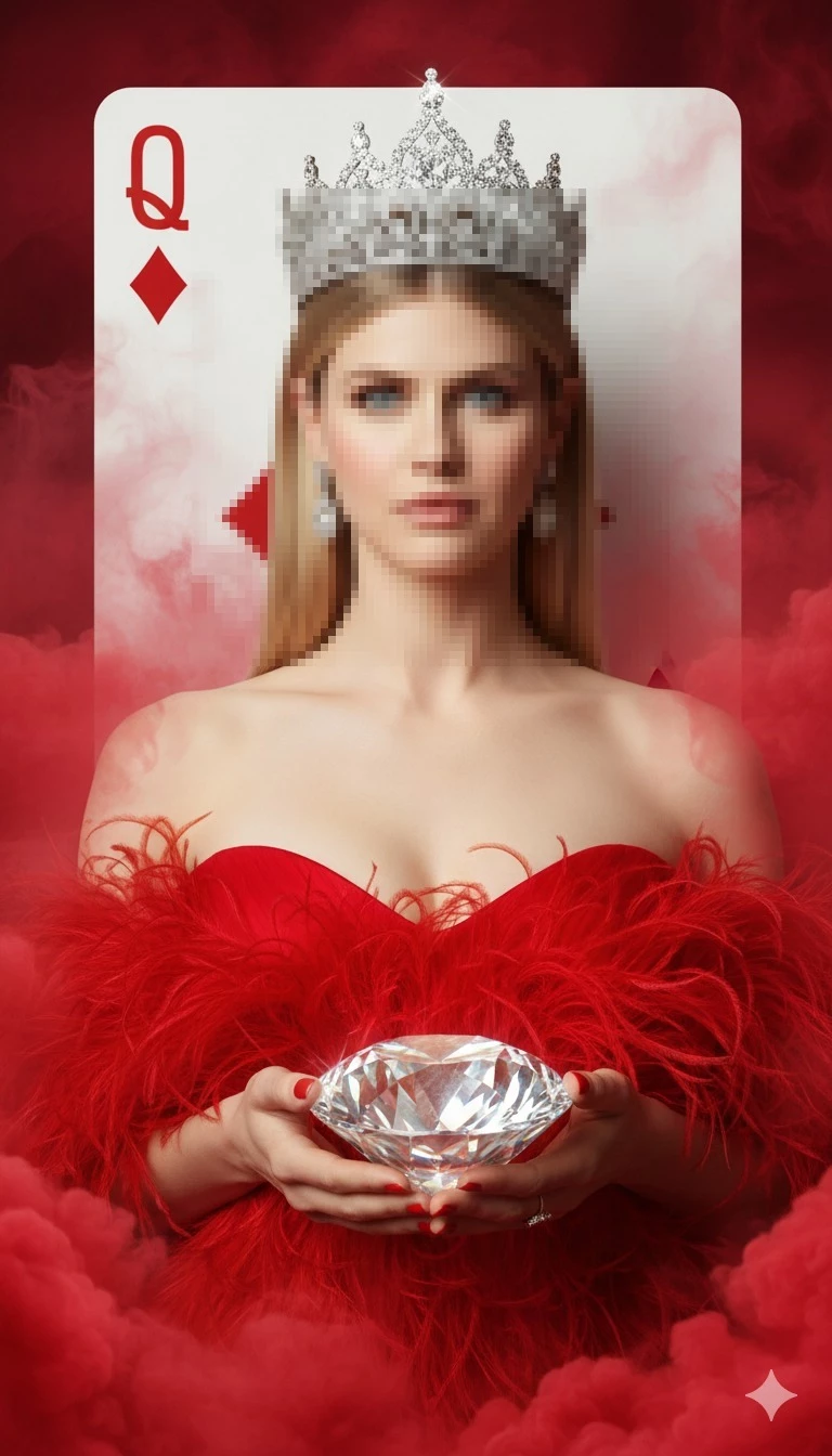 Queen of Diamonds Luxury Portrait with Red Gown, Crown, and Crystal Elegance