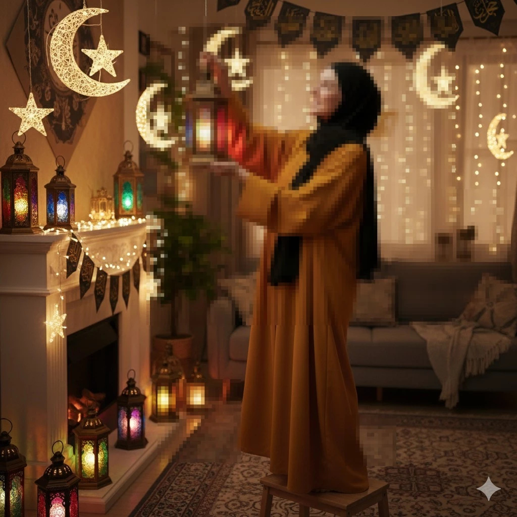 Ramadan Home Decor Scene with Woman Hanging Festive Lanterns