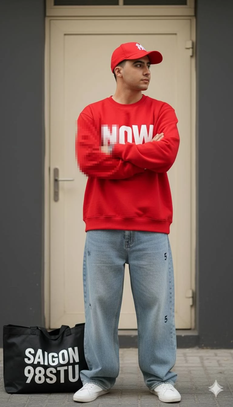 Red Streetwear Outfit with Bold NOW Sweatshirt and Casual Denim Style