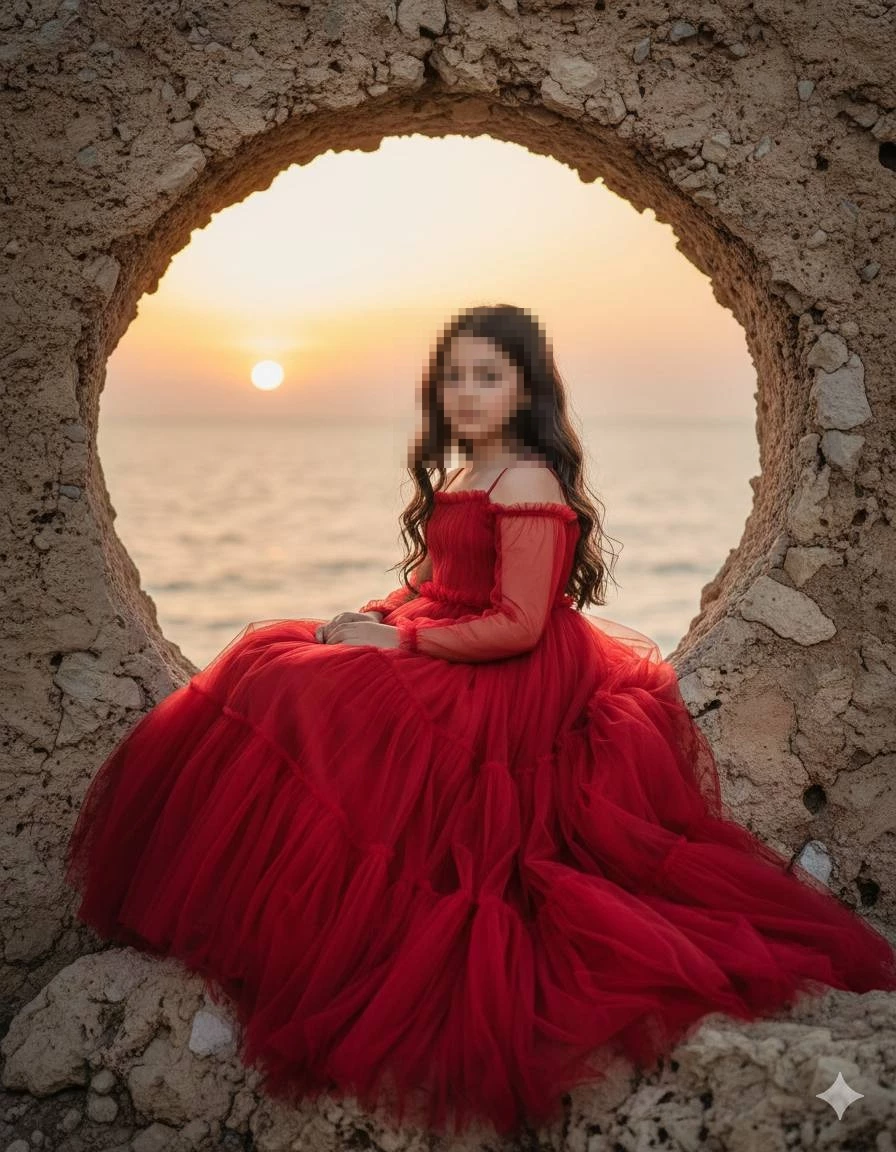 Red Tulle Dress Sunset Portrait Framed by Stone Arch at the Sea