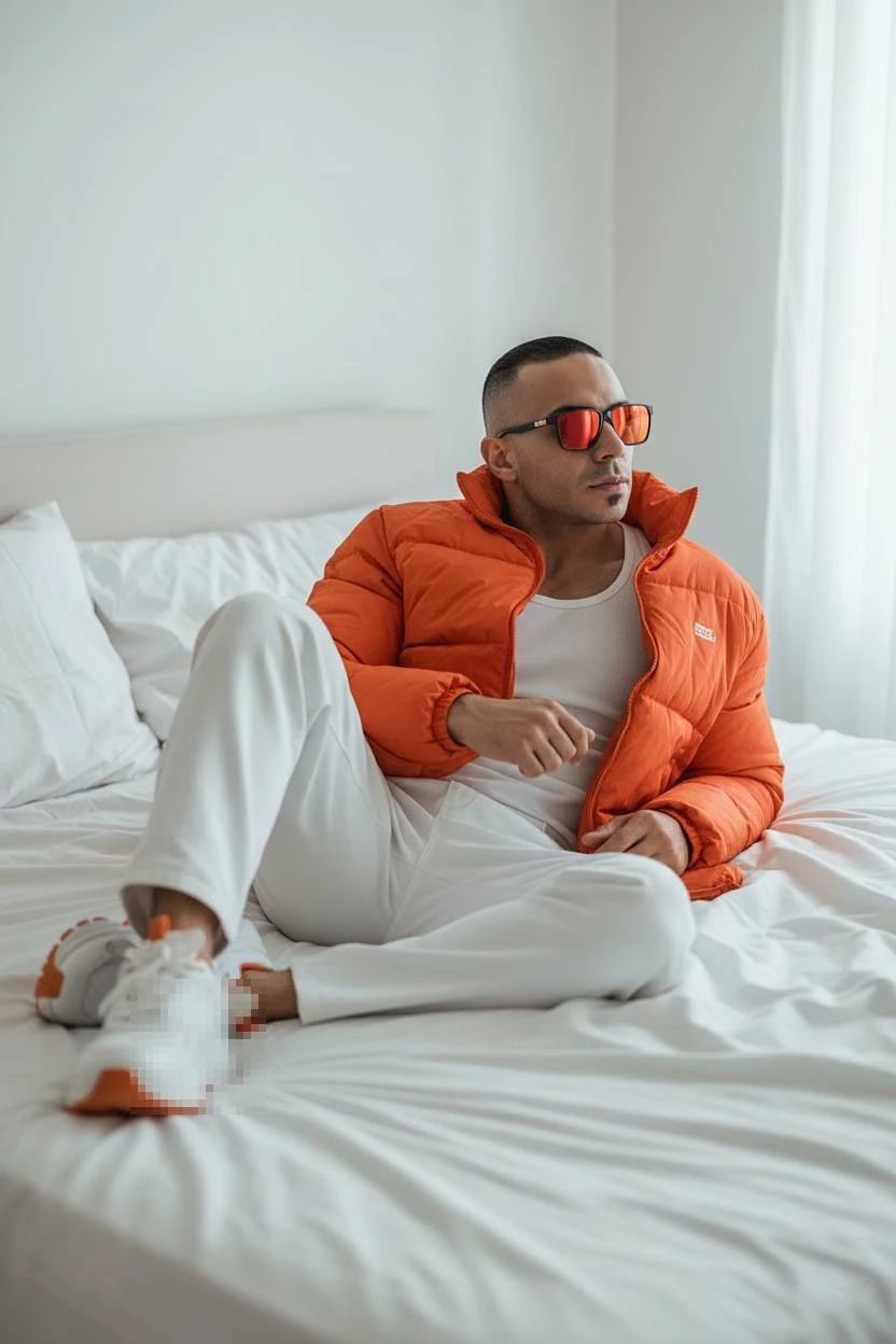 Relaxed man in orange jacket posing on a white bed in a bright modern room