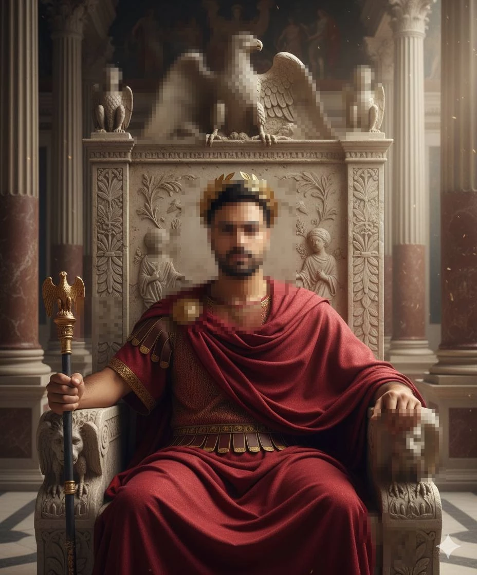 Roman emperor wearing red toga and golden crown sitting on majestic stone throne