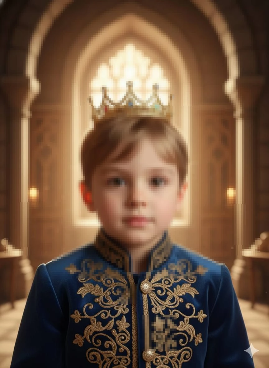 Royal Portrait of a Young Boy Wearing a Crown in an Elegant Palace Setting